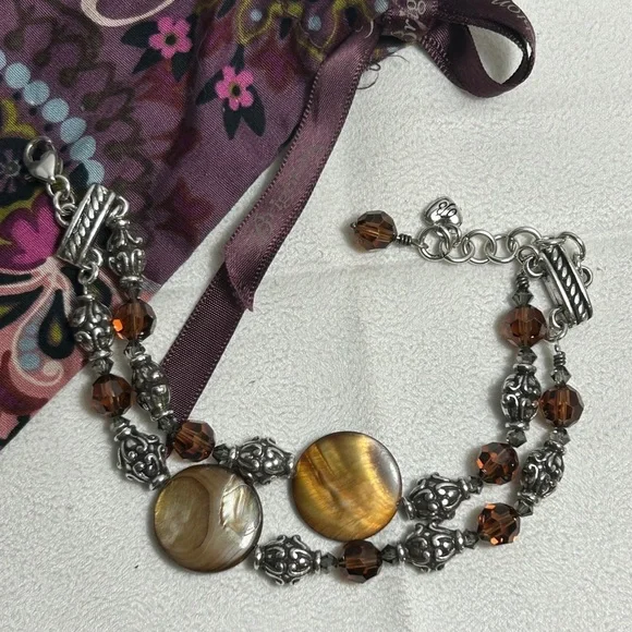 Brighton Utopia Bracelet Silver Plated & Brown Beaded Double Strand Chain 8.5" - Picture 3 of 7